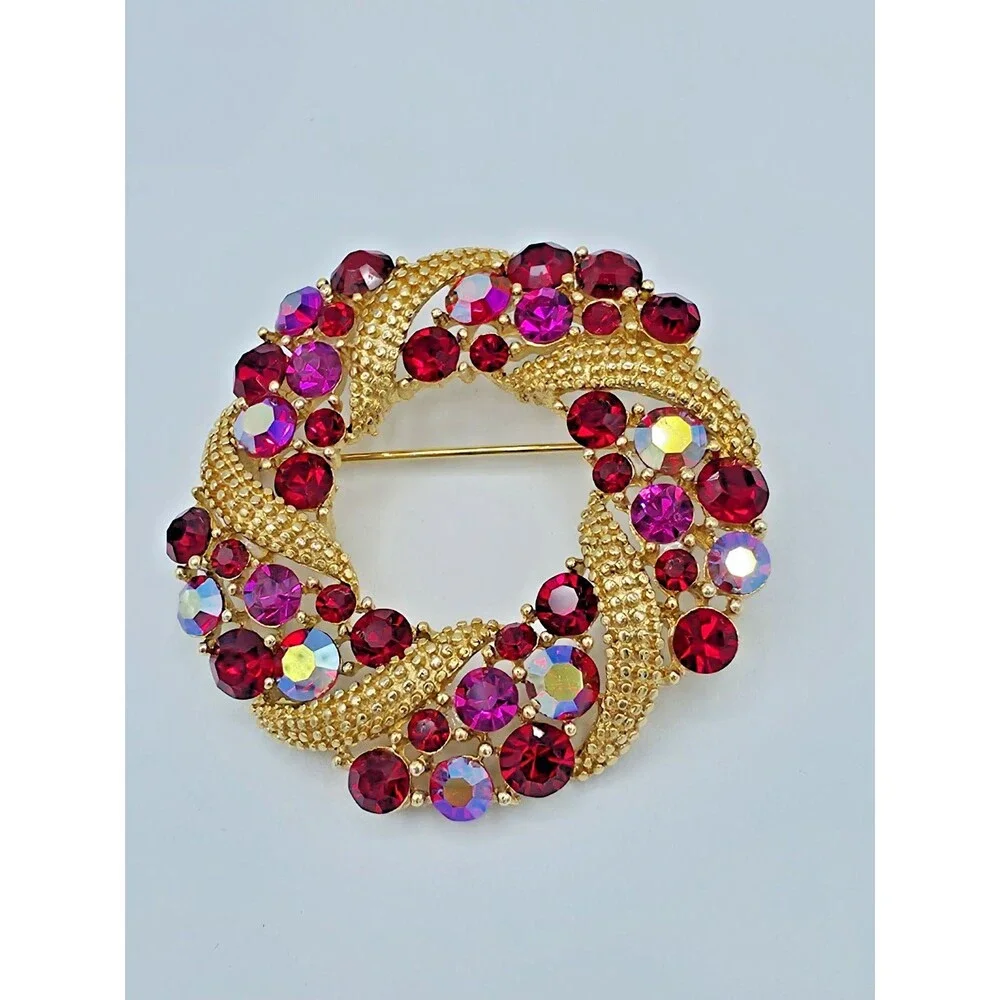 Lisner Wreath Brooch Vintage Crystal Red Aurora Borealis Retro Swirl Estate Pin